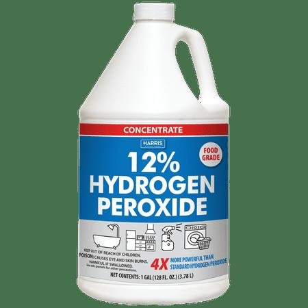 A large white bottle of hydrogen peroxide with a blue and red label.