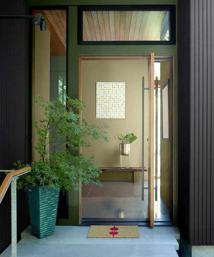Green entryway with various shades of Benjamin Moore paints