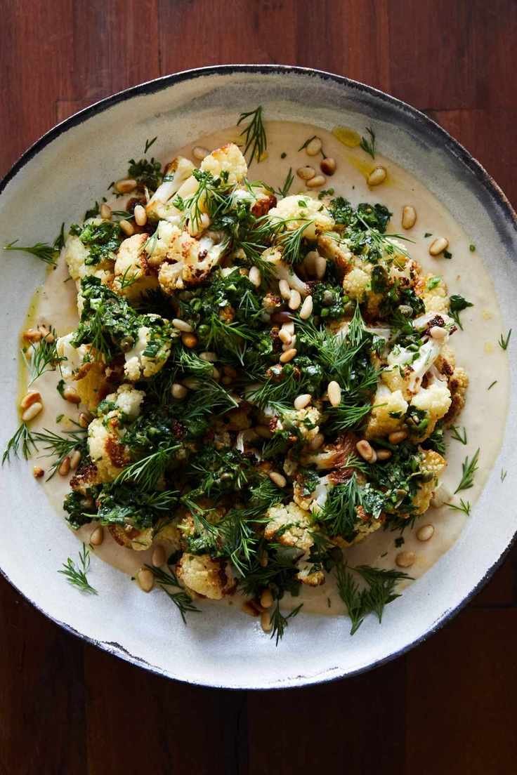 Savory Roasted Cauliflower with Garlic Tahini and Chimichurri