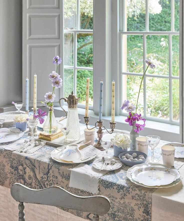 Meri Meri blue and white Easter tablescape with painted candles