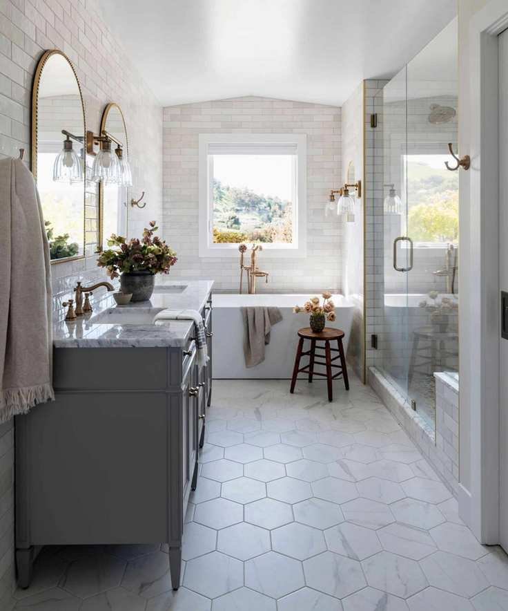 Marble bathroom with wooden vanity unit
