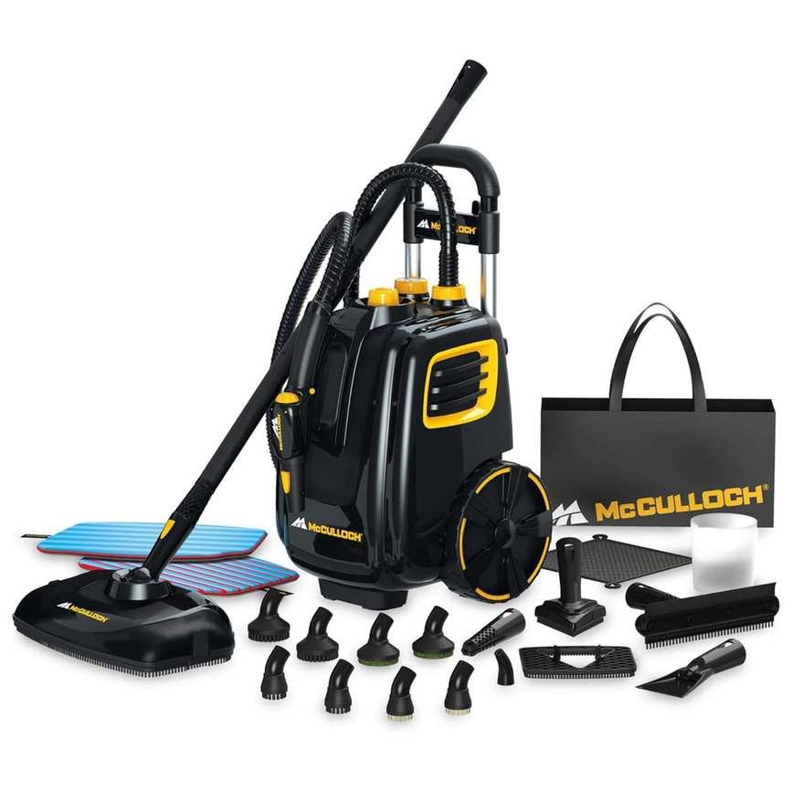 Black and yellow steam cleaner with multiple attachments.