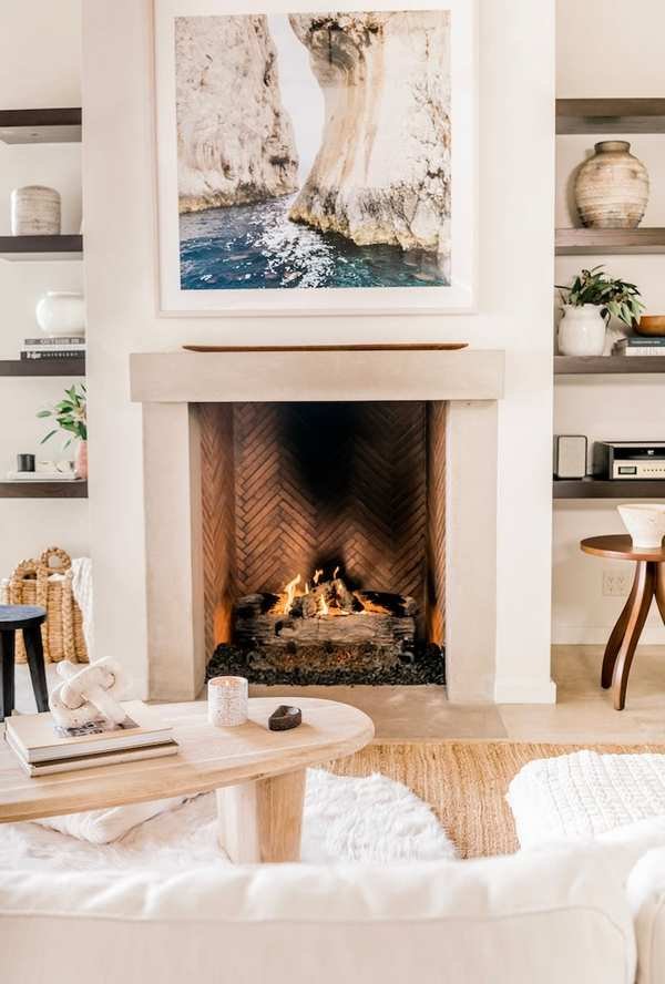 Camille Styles fireplace - neutral living room in Austin