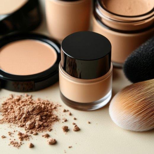Image of various makeup products next to a brush