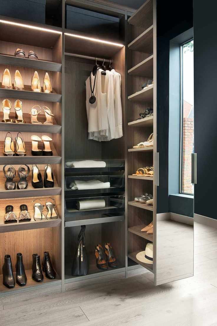 shoe storage in pull out drawers, hanging and folding space