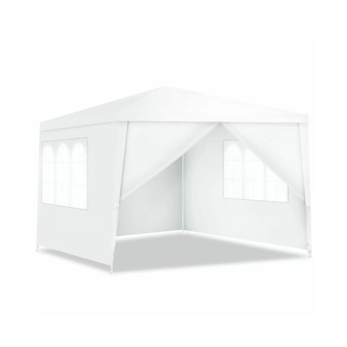 A canopy with windows either side of it and curtains at the front.