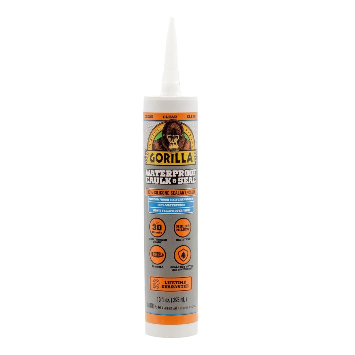 A white tube of Gorilla caulk with yellow and blue label