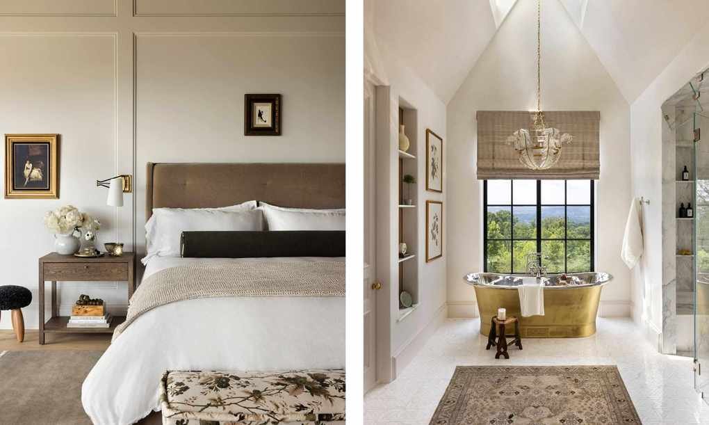 Split image of a bedroom with cream walls and the adjoining bathroom with a gold freestanding bath