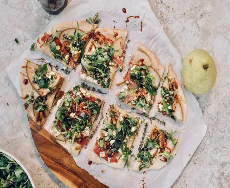 Delicious Glazed Pear Flatbread with Prosciutto, Walnuts & Goat Cheese