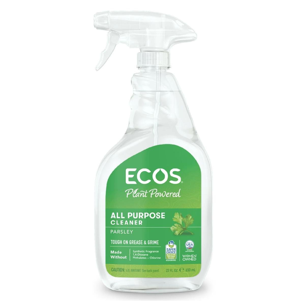 A clear bottle of natural cleaning spray with a clear spray lid and green label
