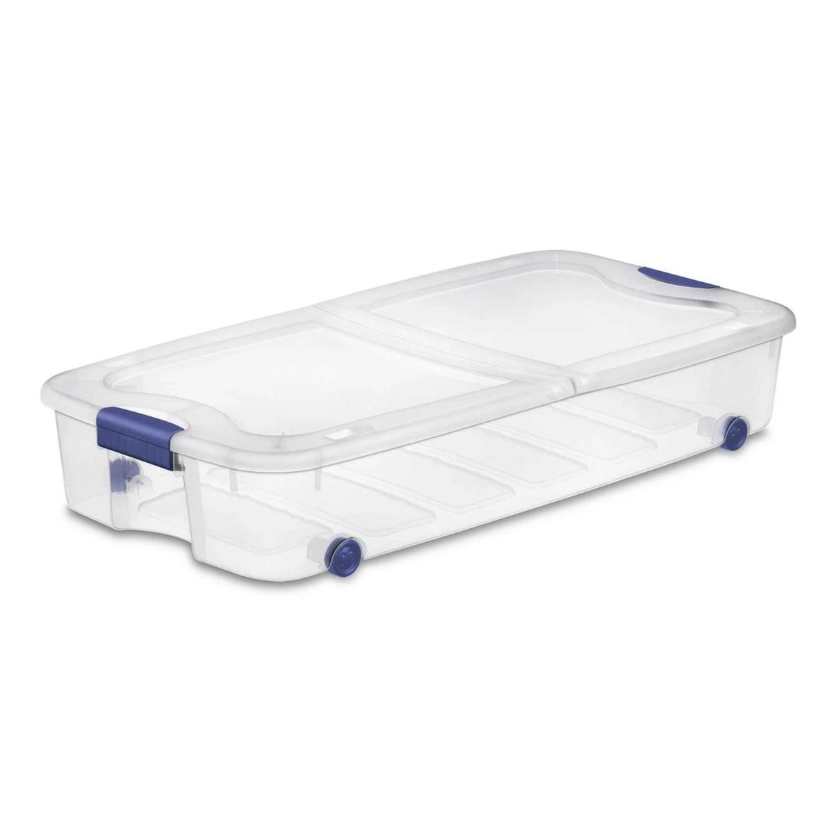 Underbed plastic storage box with blue wheels and latches