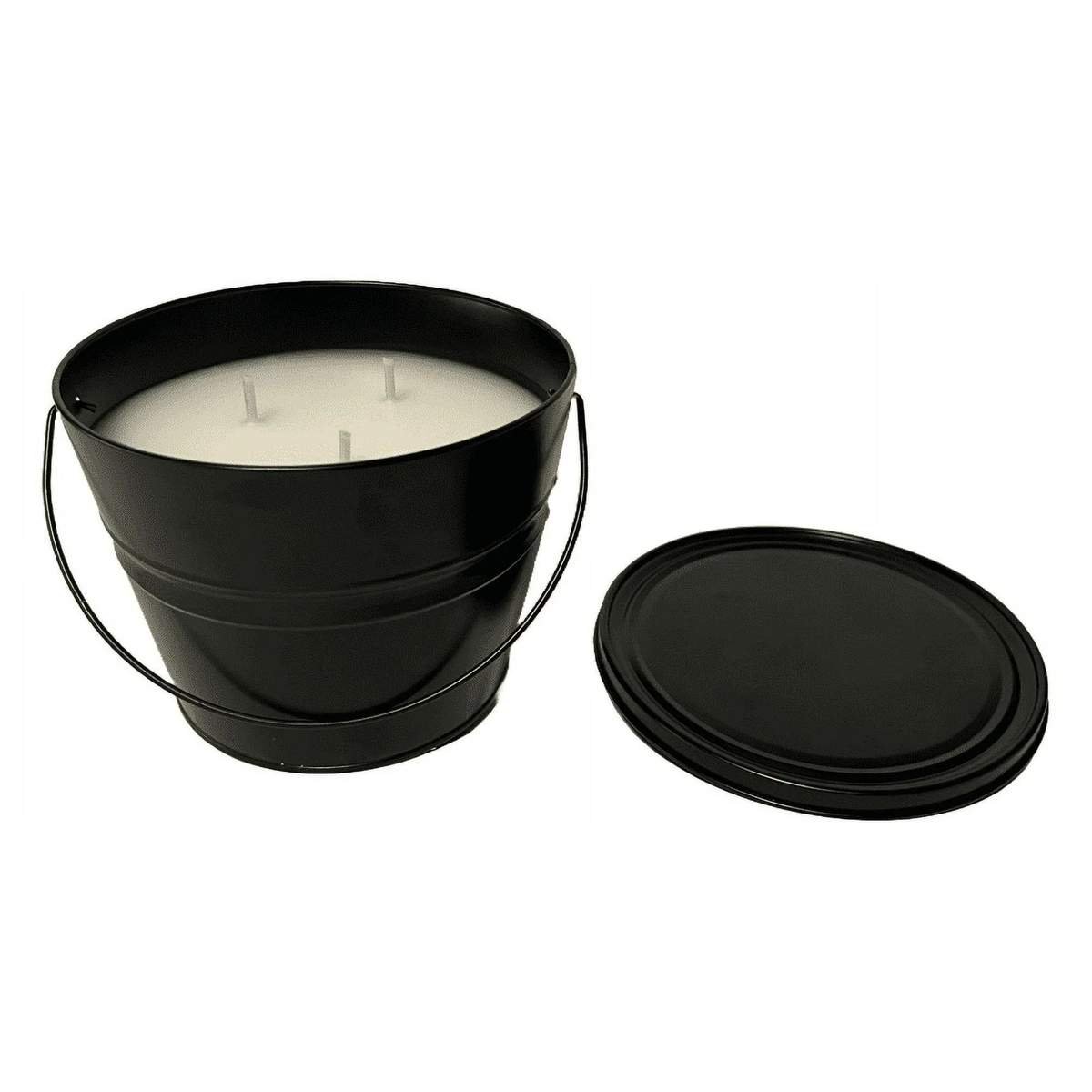 A black bucket with a three wick candle inside and the black plastic lid beside it