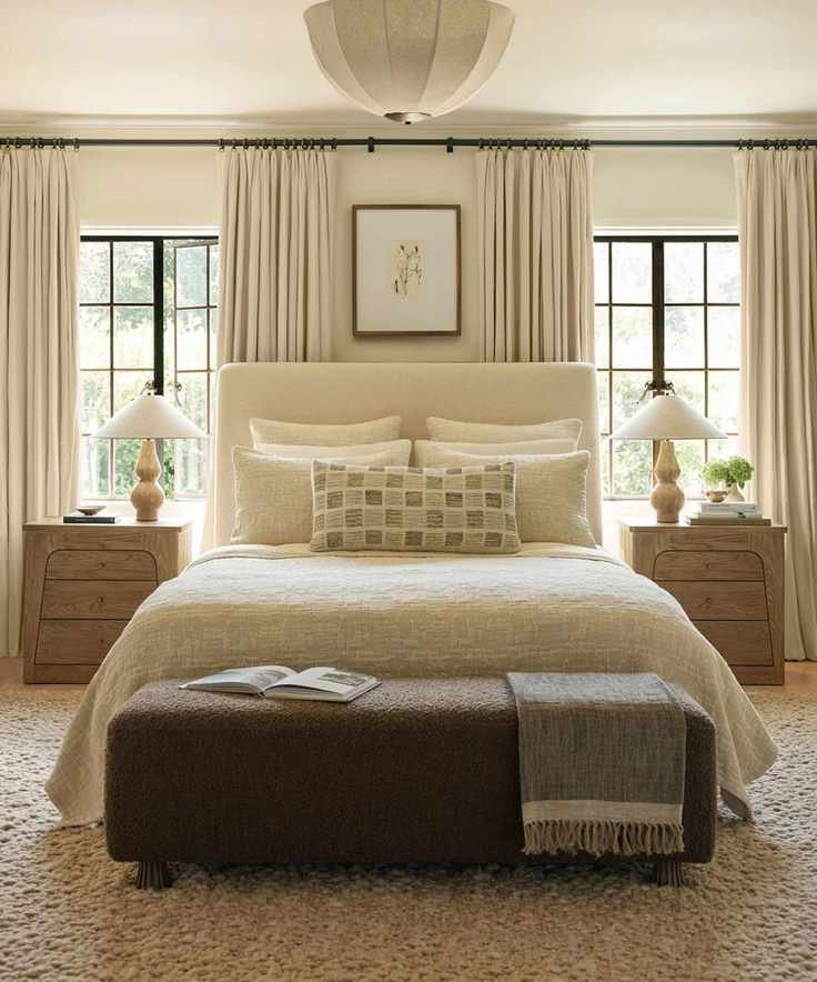 Neutral bedroom with cream bed and bedding, wooden side table and long cream curtains