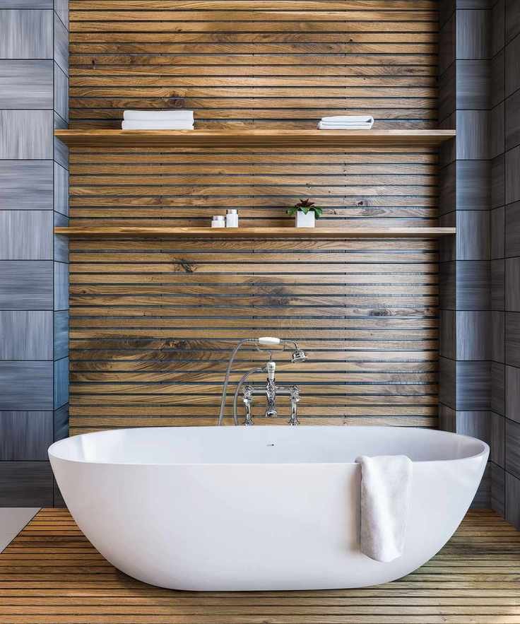 Bathroom showcasing timber wood panels and a freestanding tub