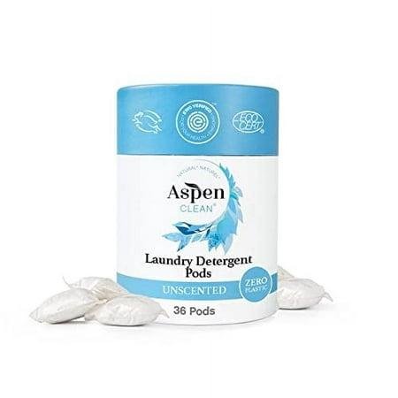 A white cardboard tub with a blue lid, surrounded by small white laundry pods.