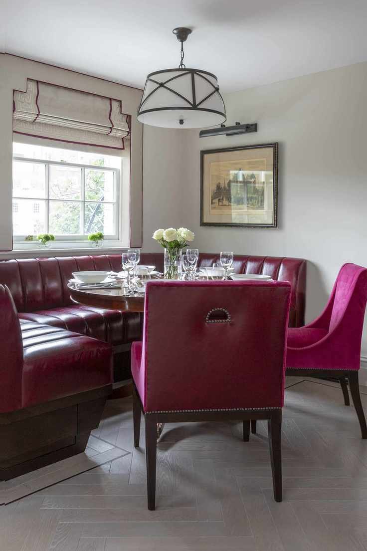 Window treatment over banquette in a dining area