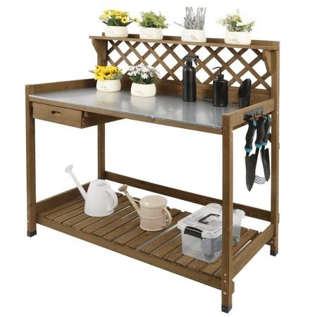 Petscosset Wooden Potting Bench Outdoor - Galvanized Metal Top With Drawer Shelf - Brown