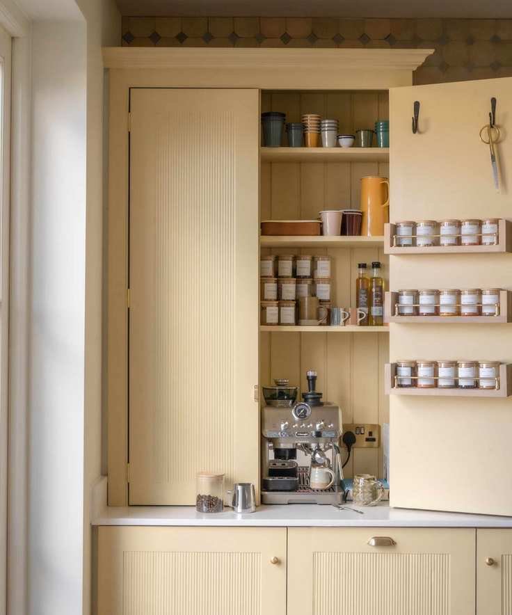 yellow pantry cupboard appliance garage painted in farrow and ball hay