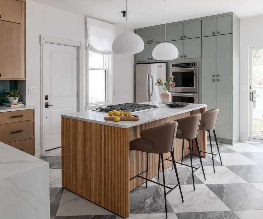 kitchen with timber island and checked floor tiles