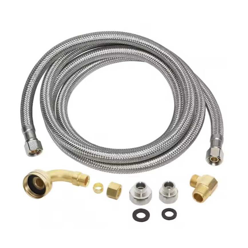 Everbilt stainless steel dishwasher connector and parts against white background.