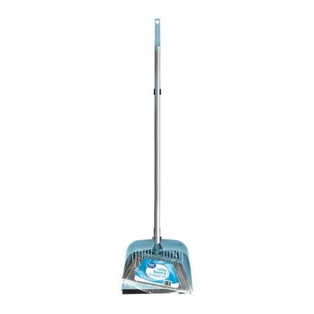 A long handled broom with a light blue dustbin