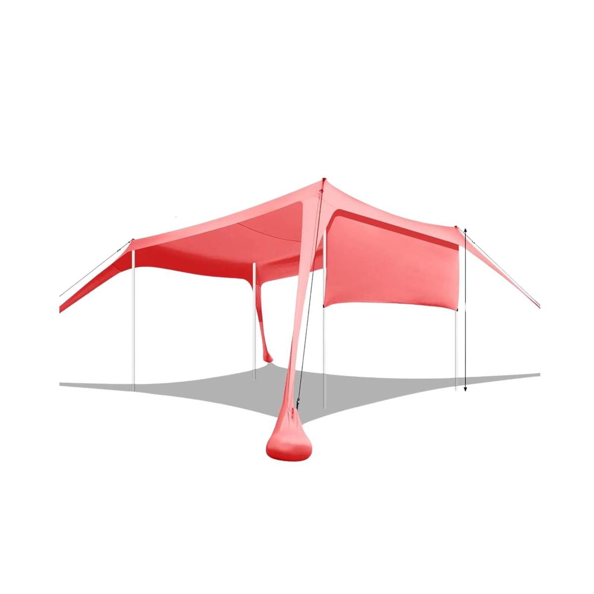 A coral colored canopy with white steel legs