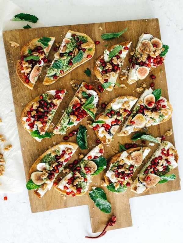 Burrata Toasts with Caramelized Walnuts and Mint-Pomegranate Pesto