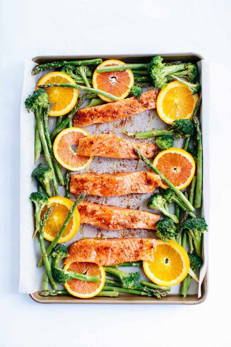 Chili-Orange Salmon on a Sheet Pan with Garlic and Green Veggies