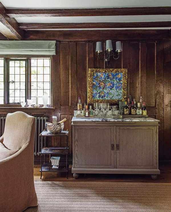 Console set up as a home bar in a living room