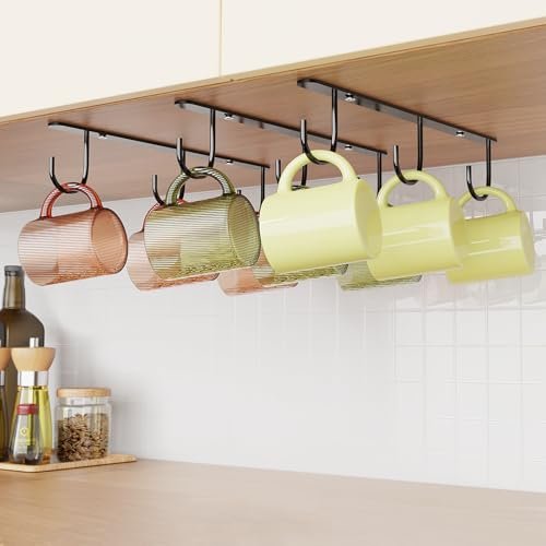 Luckinow 3 Pack Mug Hooks Under Cabinet, Coffee Mug Holder for Hanging Under Shelf, Cup Hanger With 9 Hooks for Displaying Mugs, Coffee Cups and Kitchen Utensils, Black