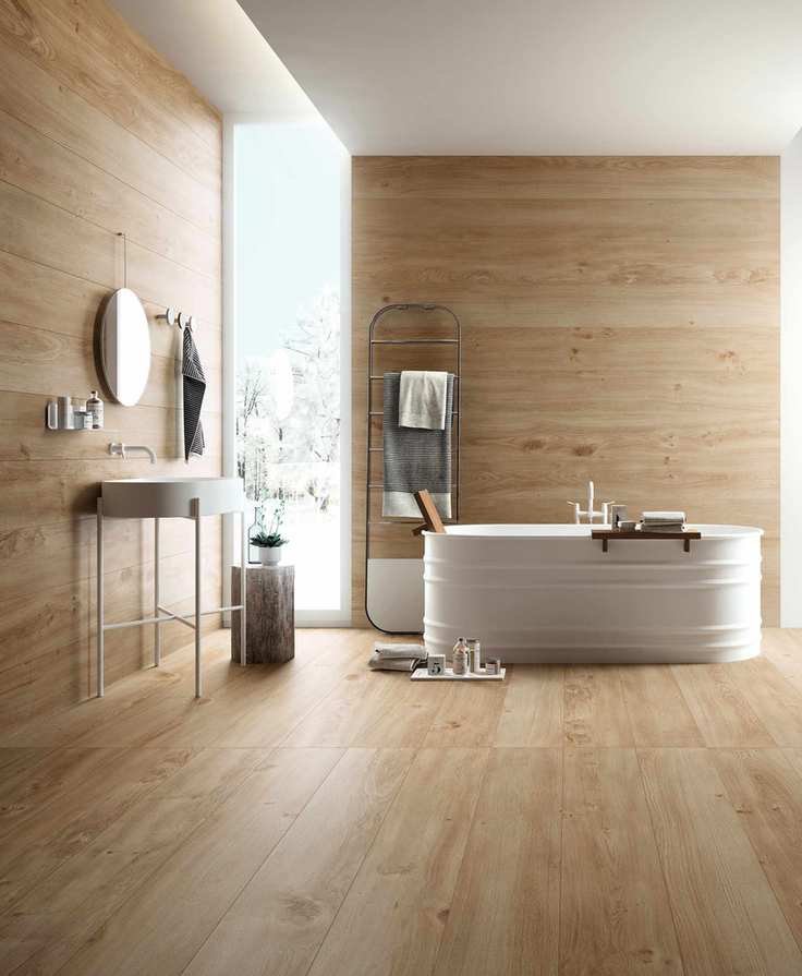 A bathroom featuring wood-effect porcelain tiles