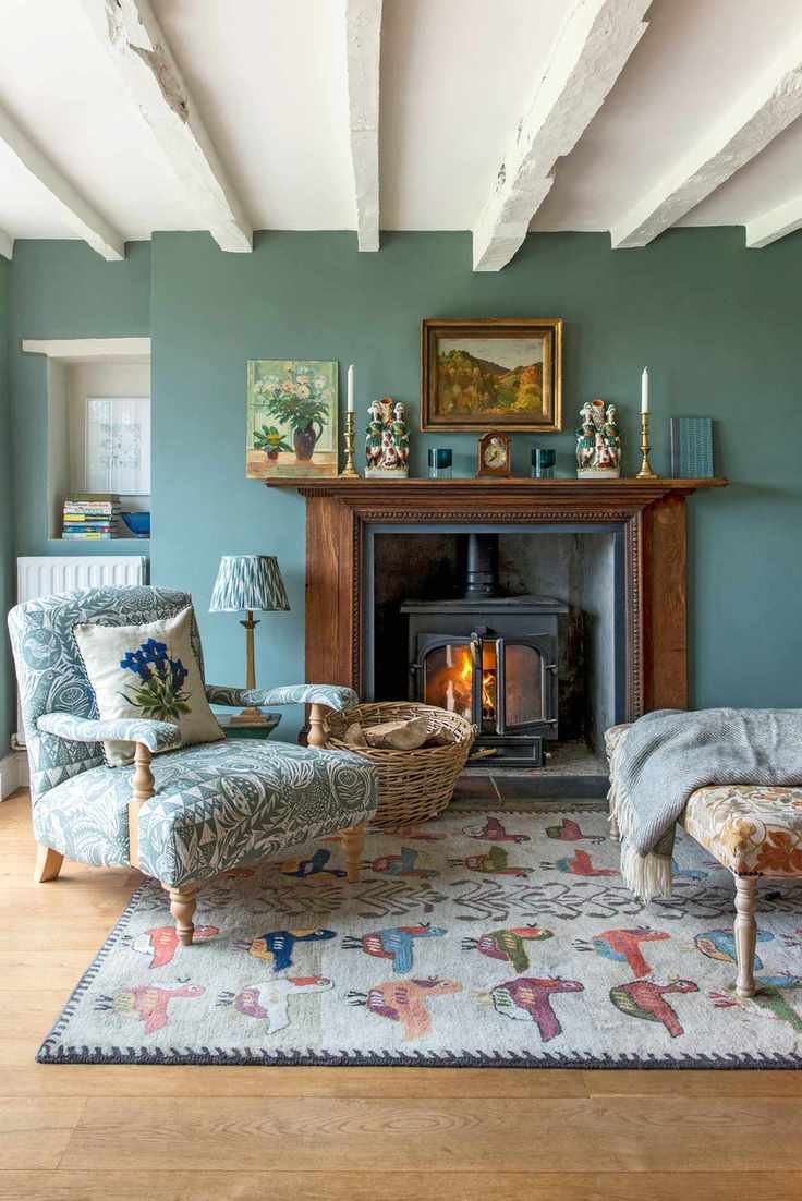 Armchair in front of fireplace
