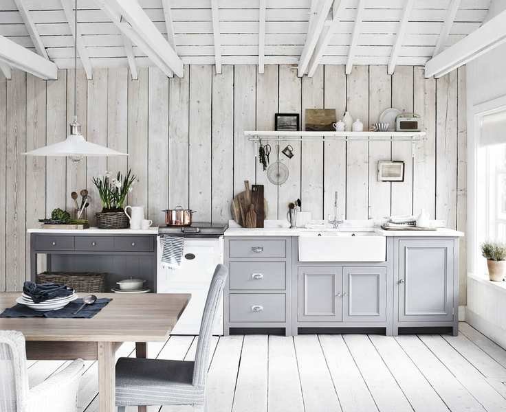 Bright white kitchen with a wooden ceiling
