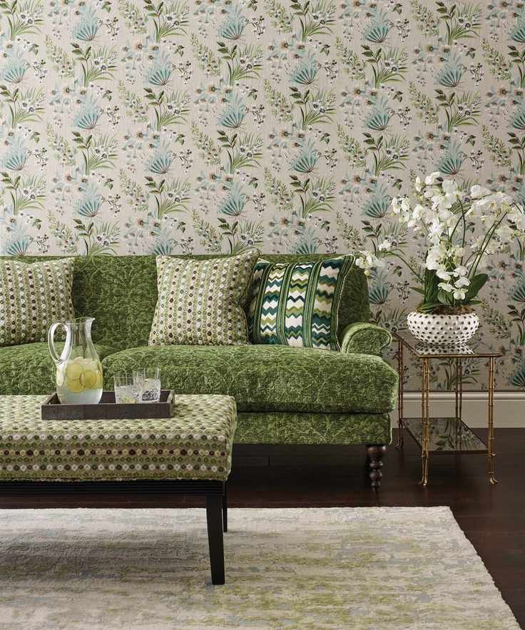 Nina Campbell on using green in interiors, green wallpaper and chair in living room