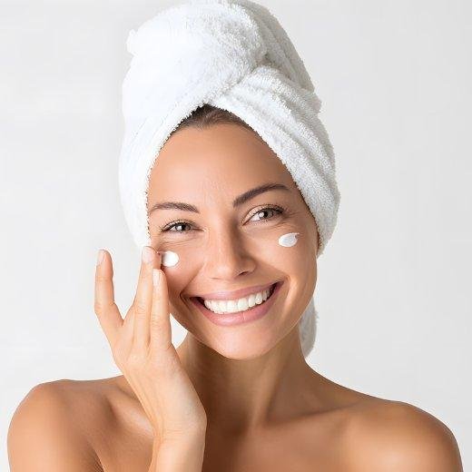 Woman applying skincare face cream