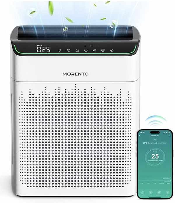 White air purifier with graphic showing air flow and a phone app tracking particle count in the air