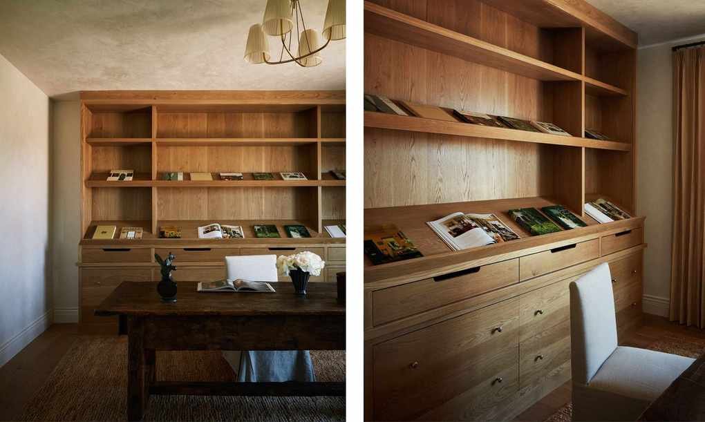 two shots of the same minimalist home office with wood joinery behind a vintage desk