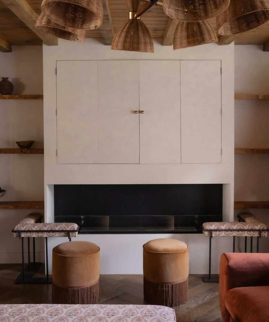 alice grace interior design living room with hidden tv and muted color scheme