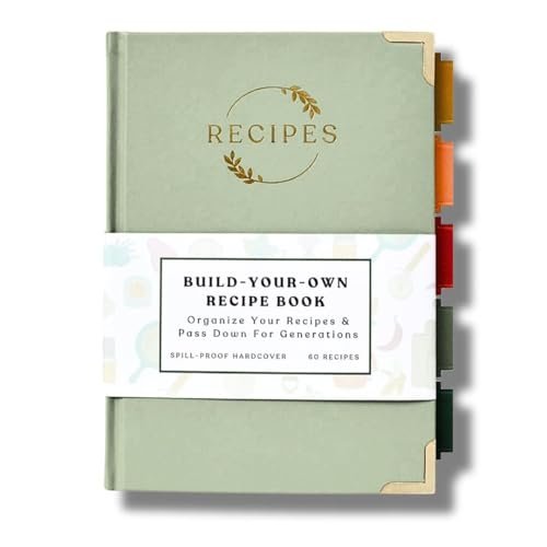 Kikaze Collection Blank Recipe Notebook | Small Blank Recipe Book to Write in Your Own Recipes | Artisan Hardcover Journal for 60 Recipes | 8.4&amp;rdquo; X 6&amp;rdquo; Leather Sage Green &amp;amp; Gold Hardcover | Tabs, Stickers, Pocket &amp;amp; Bookmarks