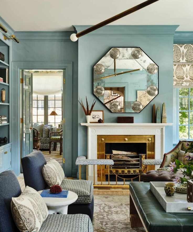 Blue living room painted in Smoke