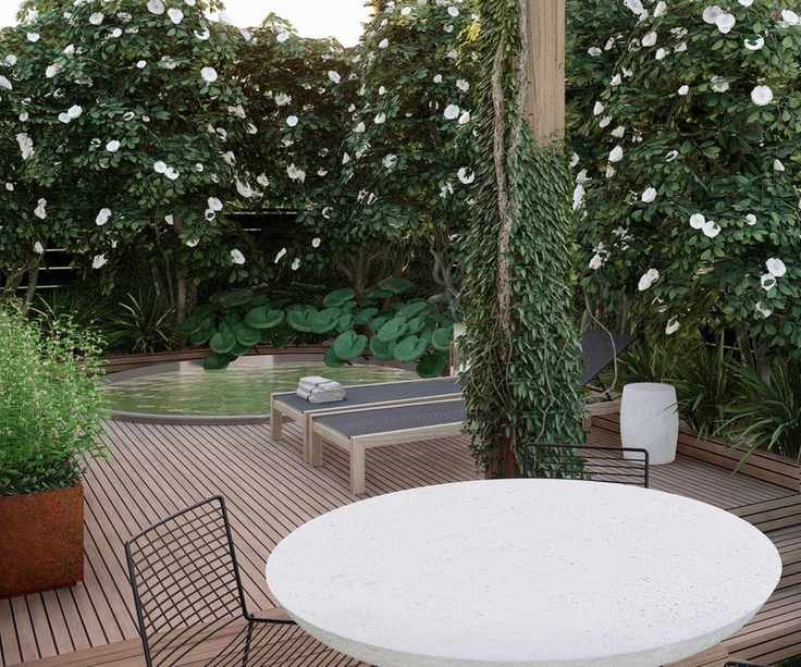 sunken hot tub surrounded by hedges for privacy