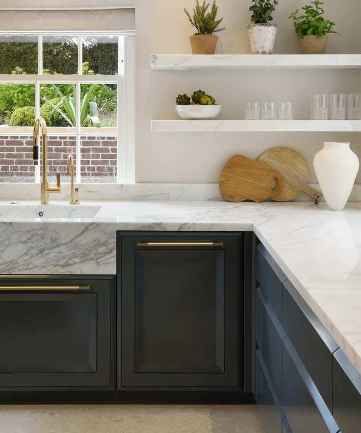 Kitchen painted in Down Pipe, marble countertops, open shelving