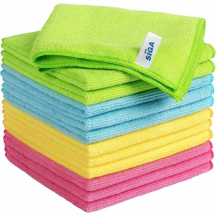 A neat stack of pink, yellow, green and blue microfiber cloths