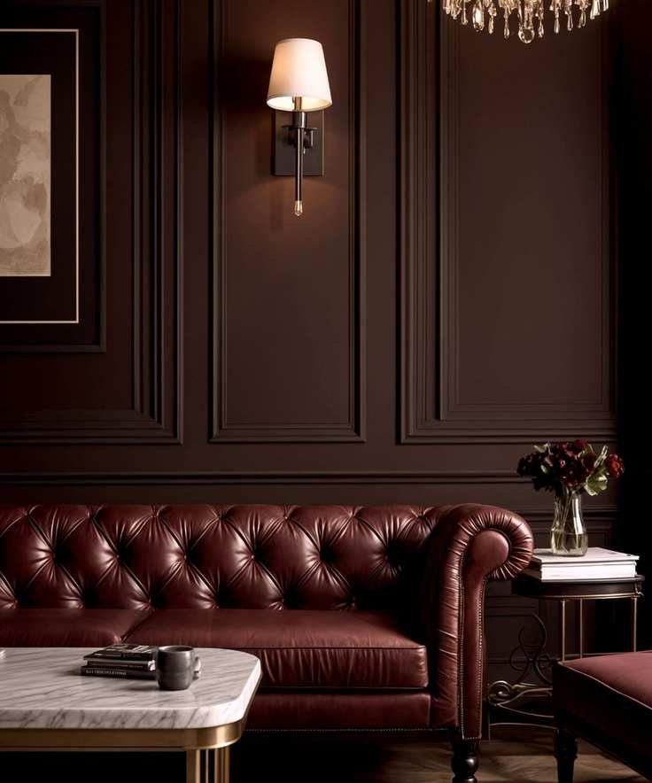 dark and moody living room with brown paneled walls, brown leather traditional sofa and marble coffee table