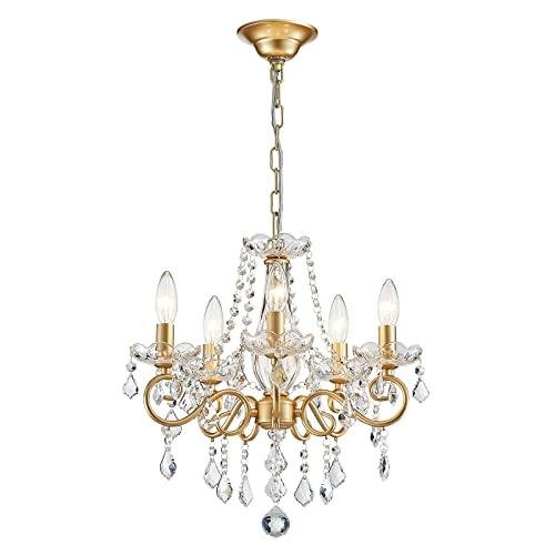 Anjiadengshi Mini Crystal Chandelier K9 Crystal Gold Chandelier for Living Room Bedroom Dining Room Kitchen Island Entryway 5 E12 Bulbs High 16.5 in X Diameter 16.9 In, Golden