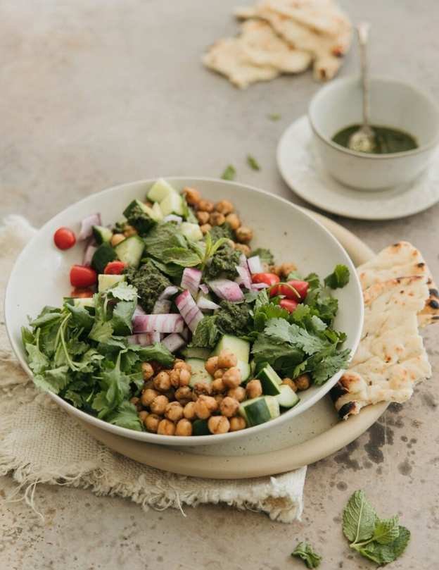 chickpea salad - kachumber salad with cucumbers tomatoes and onions