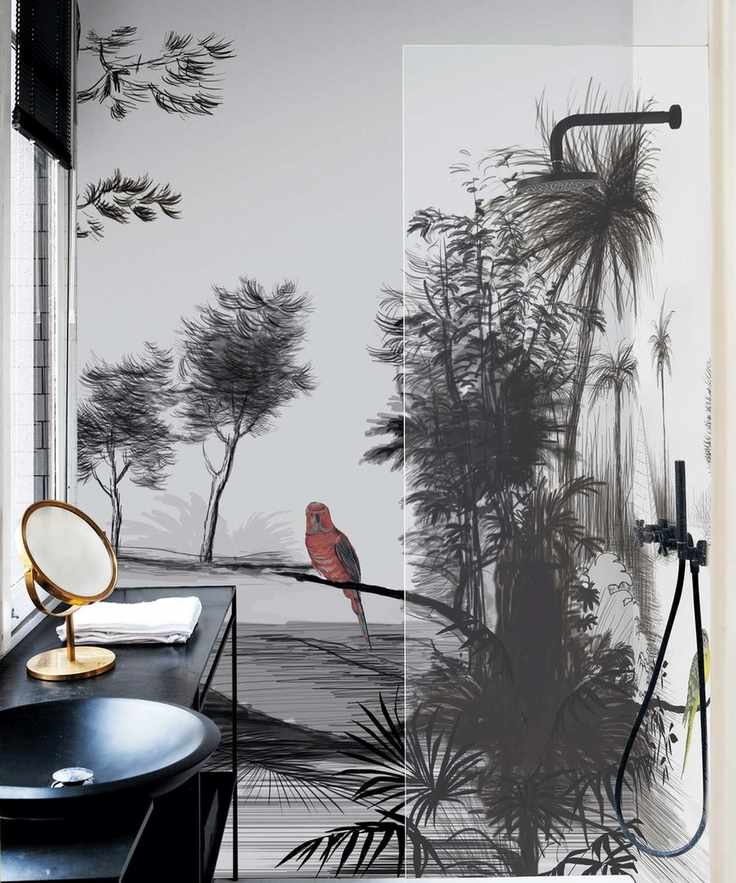 Bathroom with a botanical wall mural
