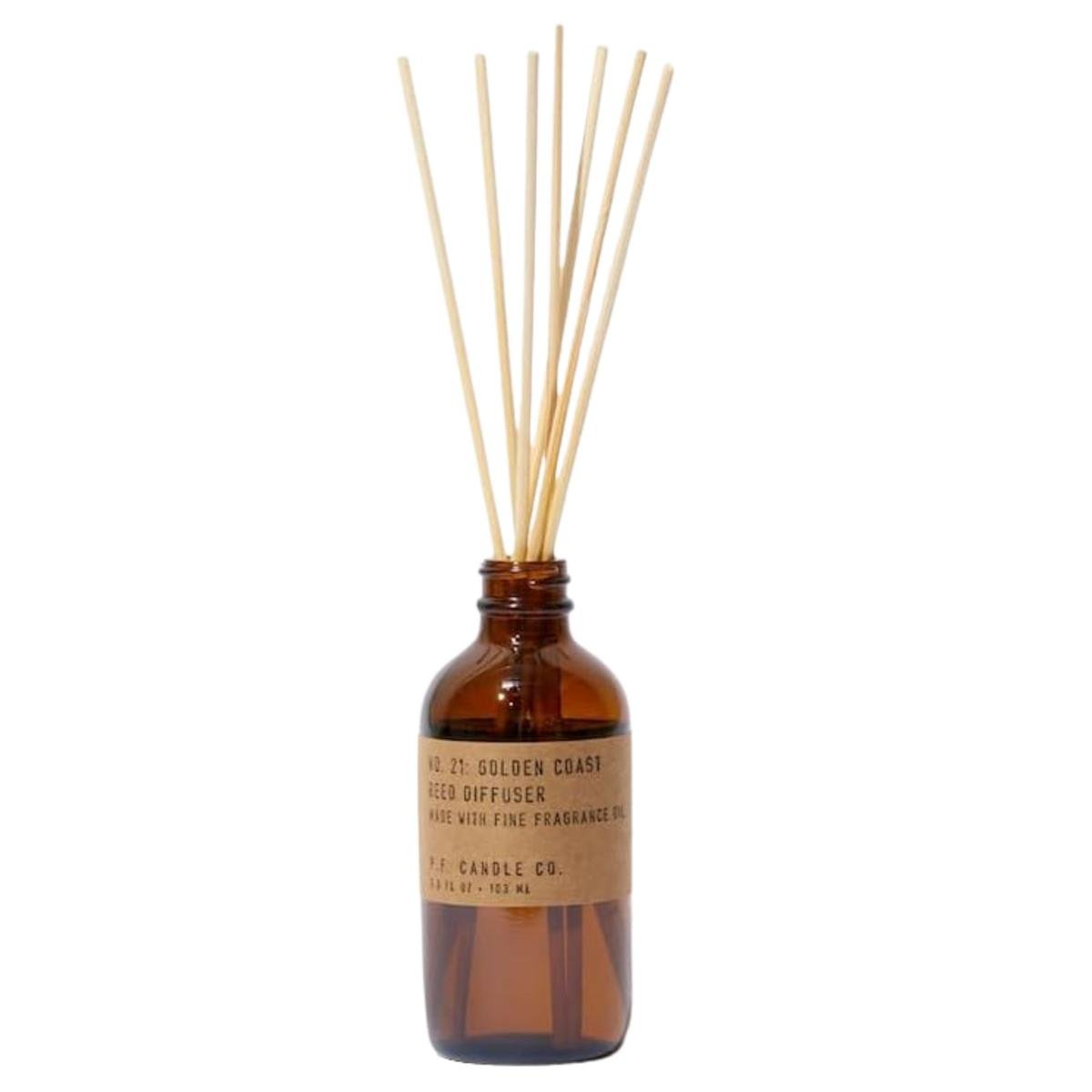 P.F. Candle co golden coast diffuser in a brown glass bottle with brown label