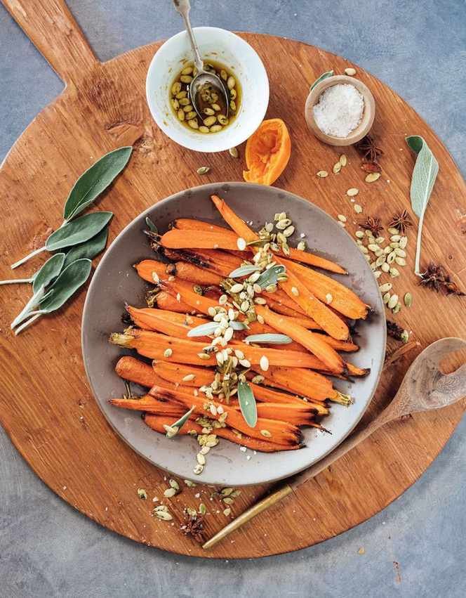 Spicy Citrus Honey Roasted Carrots with Sage & Pepitas