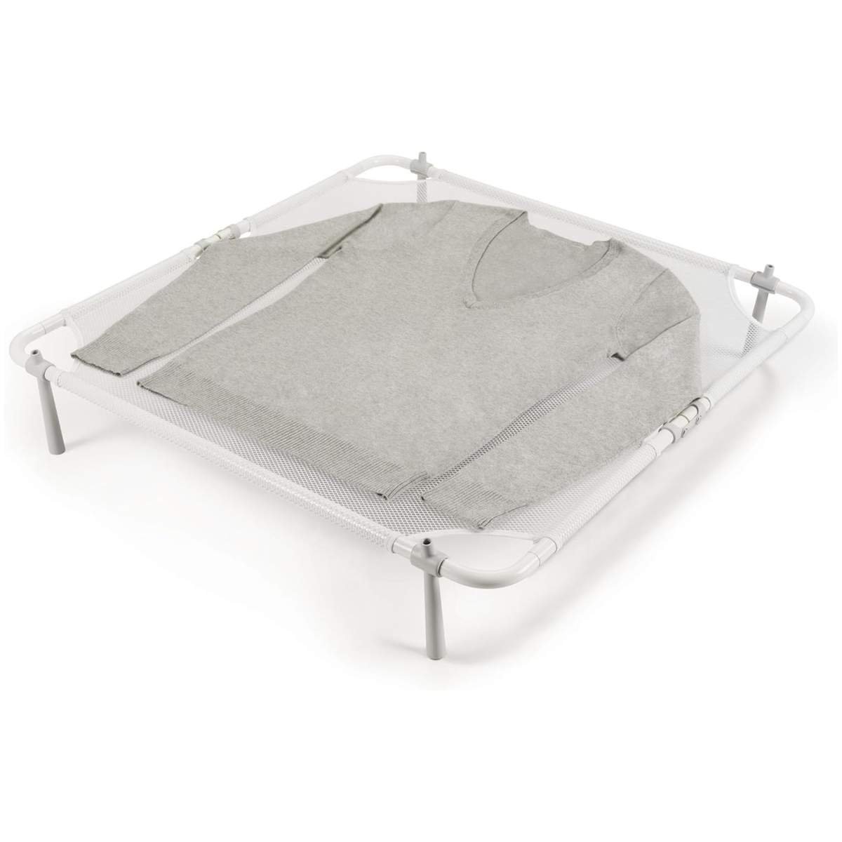 A white sweater drying rack with a grey v-neck sweater drying flat on top.